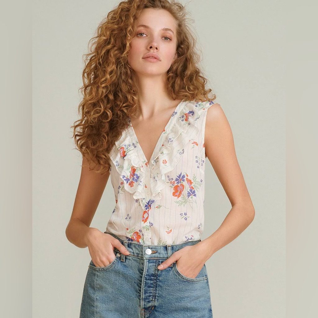 Veronica Beard Leina Striped Floral Sleeveless Lightweight Ruffle Blouse, Size M